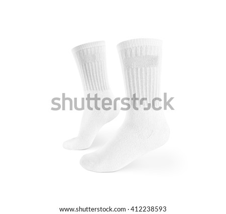 Blank white socks design mockup, isolated, clipping path. Pair sport crew cotton sock wear mock up. Long clear soft cloth stand presentation. Men basketball, football, tennis plain apparel template. 