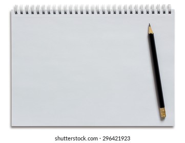 blank white spiral notebook and pencil isolated on white
