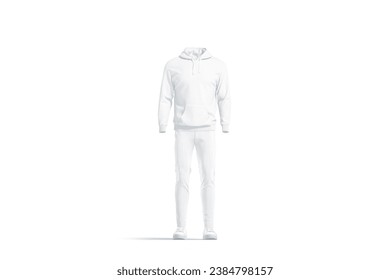 Blank white sport costume with hoodie and pants mockup, isolated, 3d rendering. Empty sportswear costume for trainer mock up, front view. Clear tracksuit outfit with sweatshirt and pants template.