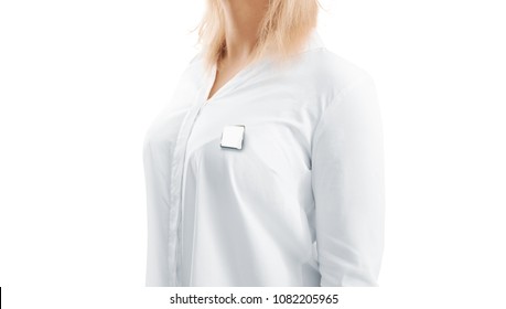 Blank White Square Silver Lapel Badge Mockup On Woman Chest Side View. Empty Hard Enamel Pin Mockup Wear On Shirt. Metal Clasp-pin Design Template. Expensive Brooch For Logo Presentation