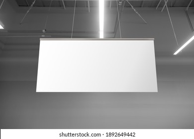 Blank White Supermarket Banners Hanging From Ceiling. Hangers Mockup Ready For Branding Or Advertising