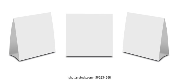 Blank White Table Tent On White. Paper Vertical Cards Isolated On White Background. Front, Left And Right View.