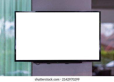 Blank white television screen or digital media blank billboard for advertising at department store. - Shutterstock ID 2142970299