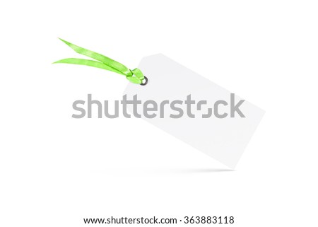Blank white textured tag mock up with riband isolated. Green ribbon with bow on the business shopping card. Empty clothing coupon icon mockup. Clear gift mark label ready for logo design presentation.