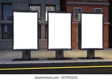 Blank White Three Billboards On Empty Street At Night, Mock Up