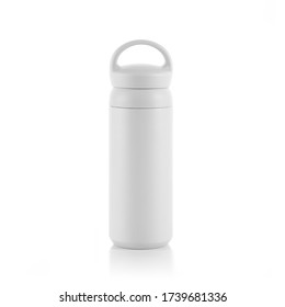 Blank white trendy closed travel flask. Empty traveler bottle & drink container template isolated on white background. Thermo mug for hot or cold beverage, water, tea & coffee. For mockup & branding. - Shutterstock ID 1739681336