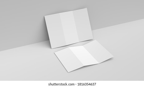 Blank White Tri Folded Brochure Mock Up Lean On Wall, Front And Back Side