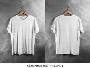 Blank White T-shirt Front And Back Side View On Hanger, Design Mockup. Clear Plain Cotton Tshirt Mock Up Template. Apparel Store Logo Branding Display. Crew Shirt Backwards Surface Hang On Wood Hanger