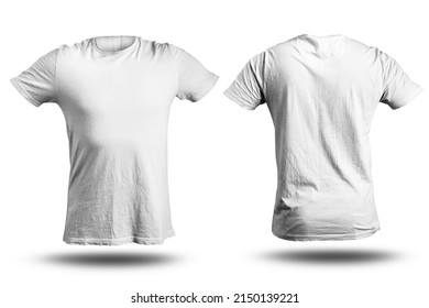 Blank White Tshirt Mock Up Template, Front And Back View, Isolated On White, Plain T-shirt Mockup. Tee Sweater Sweatshirt Design Presentation For Print.