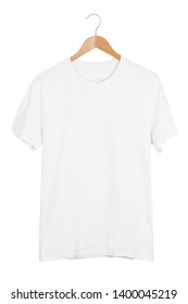 Blank White T-shirt On Wooden Hanger Isolated On White Background. White Tshirt Mockup Template