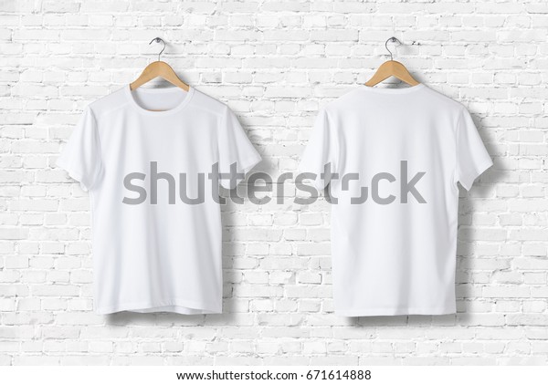 Blank White T-Shirts
Mock-up hanging on white wall, front and rear side view. Ready to
replace your design