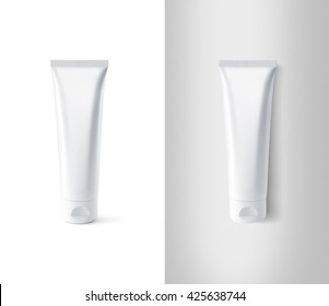 Blank white tube design mockup set, isolated, clipping path. Clear cream packaging stand and lies mock up. Lotion skin care empty package bottle template container. Scincare cosmetic gel tube flacon.