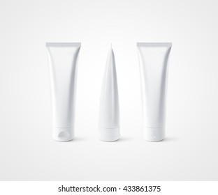 Blank white tube design mockup front back profile side view set, isolated, clipping path. Clear cream packaging stand mock up. Lotion skin care package bottle template. Scincare cosmetic gel flacon.