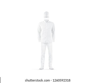 Blank White Uniform Mock Up, Isolated, Front View. Empty Work Suit Mockup. Clear Classic Shirt With Pants And Sneakers Template. Outfit For Delivery Or Office Job.