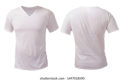 Blank White V- Neck Shirt Mock Up Template, Front And Back View, Isolated On White, Plain V Neck T-shirt Mockup. Tee Sweater Sweatshirt Design Presentation For Print.