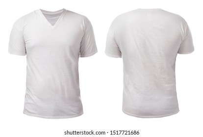 Blank White V- Neck Shirt Mock Up Template, Front And Back View, Isolated On White, Plain V Neck T-shirt Mockup. Tee Sweater Sweatshirt Design Presentation For Print.