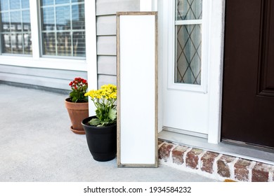 Blank White Vertical Front Door Porch Sign With Flower Decor, Rustic Farmhouse Wood Sign Mockup