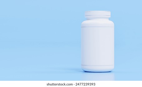 Blank white vitamin bottle. Unlabeled white nutritional supplement jar on blue backdrop, custom branding, dietary product mockup, clean medicine bottle design, health care packaging presentation