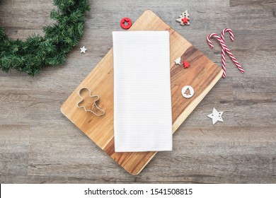 Blank White Waffle Weave Tea Towel On Dark Wood Backround With Christmas Decoration, Kitchen Towel Christmas Mockup
