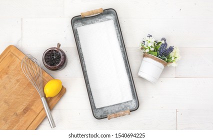 Blank White Waffle Weave Tea/kitchen Towel On Tray With Kitchen Props On White Wood Background, Kitchen Towel Mockup