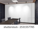 Blank white wall Mockup in dark modern office with windows and bright spotlights. Empty company meeting room 3D rendering