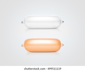 Blank White And Yellow Pate Bag Design Mockup, Isolated, Clipping Path. Space Sausage Plastic Packaging Mock Up. Snack Paste Polythene Pouch Template. Processed Melted Cheese Stick Vacuum Sachet.