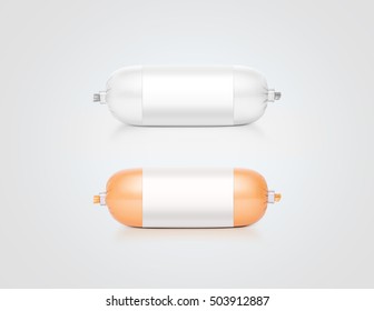 Blank White And Yellow Sausage Pack Design Mockup, Isolated, Clipping Path. Space Pate Plastic Bag Mock Up. Snack Paste Polythene Pouch Template. Processed Melted Cheese Stick Vacuum Sachet.