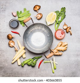 Blank Wok pan and ingredients for Chinese or Thai  cooking , top view. Asian cuisine  - Powered by Shutterstock