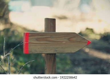 A blank wooden arrow-shaped signpost in the middle of a forest.