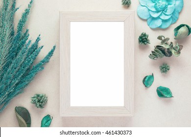 Blank Wooden Photo Frame And Dried Flowers Valentines Day With Vintage Filter Color