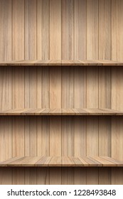 Blank wooden shelf on wood texture background. For montage product display.