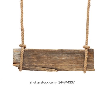 blank wooden sign hanging on a rope. isolated on white. - Powered by Shutterstock