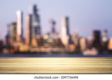 Blank Wooden Tabletop With Beautiful Blurry Skyline At Night On Background, Mockup