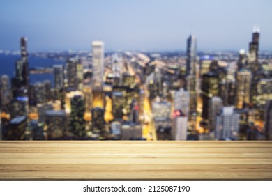 Blank Wooden Tabletop With Beautiful Blurry Skyline At Night On Background, Mockup