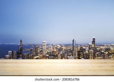 Blank Wooden Tabletop With Beautiful Chicago Skyline At Night On Background, Mockup