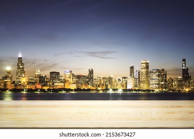 Blank Wooden Tabletop With Beautiful Chicago Skyline At Night On Background, Mockup