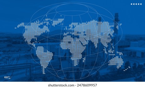 Blank World map overlay with large industry factory building, Power plant, Petroleum complex background on blue color tone graphic for world wide business present background. - Powered by Shutterstock - Get 15% off with code: PIKWIZARD15