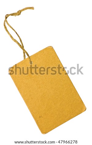 Blank Yellow Grunge Cardboard Sale Tag Label, Vertical, Isolated Rustic Background