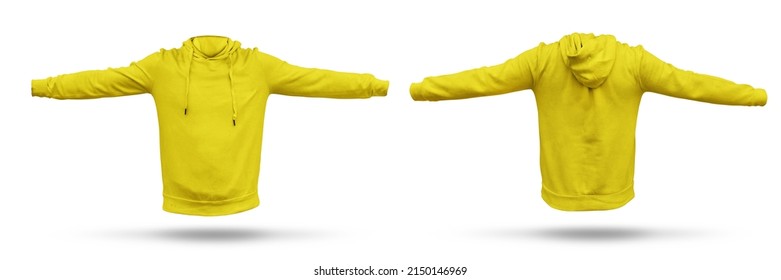 Blank Yellow Hoodie Mock Up Template, Front And Back View, Isolated On White, Plain  Hoodie Mockup. Hoodie Design Presentation For Print.