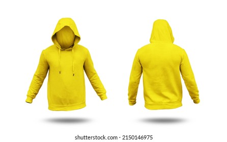 Blank Yellow Hoodie Mock Up Template, Front And Back View, Isolated On White, Plain  Hoodie Mockup. Hoodie Design Presentation For Print.