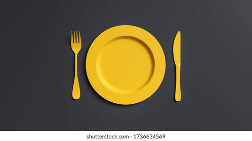 Blank Yellow Plate Mockup With Fork And Knife, Top View. Clear Ceramic Dishware With Set Cutlery Design. Empty Yellow Table Ware For Lunch Or Dinner In Cafe. Copyspace For Your Individual Text.