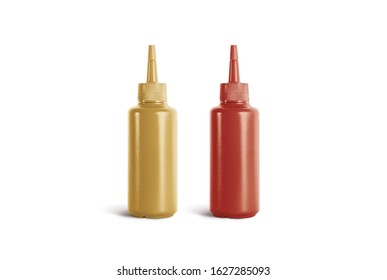 Blank yellow and red squeeze sauce bottle mockup, front view. Empty mustard and ketchup saus for hotdog or burger mock up, isolated. Clear plastic tare with chilli liquid mokcup template.