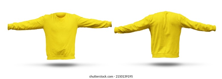 Blank Yellow tshirt mock up template, front and back view, isolated on white, plain t-shirt mockup. Tee sweater sweatshirt design presentation for print. - Shutterstock ID 2150139195
