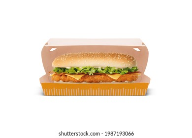 Blank Yellow And White Craft Burger - Sandwich Box Isolated On White Background