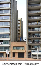 Blankenberge, West-Flanders Belgium - July 31, 2022: Modern Flat Roof House Seventies. Owners Seems Not Interested To Maximize Investments By Building A Tower And Happy With Their Little Second Home