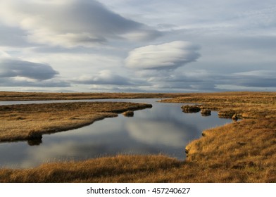 Blanket Bog Peatland Landscape With Clouds Reflecting In Pool, Forsinard Scotland/