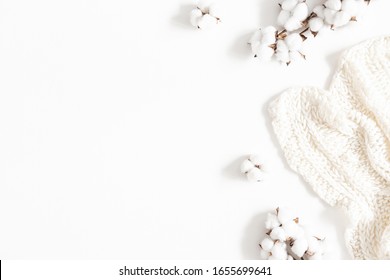 Blanket, Cotton Flowers On White Background. Flat Lay, Top View, Copy Space