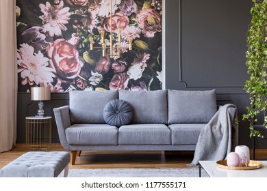 Blanket On Grey Couch In Living Room Interior With Flowers Wallpaper And Lamp On Table. Real Photo