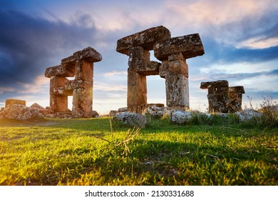 Blaundus ruins in Ulubey district of Uşak. Ancient city ruins of the Roman Empire. Historical ruins at sunset. The ancient city was in the Roman province of Lydia. Usak, Turkey.
