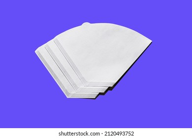 Bleached paper coffee filter isolated on blue background. Alternative brewing v60 pour over concept. Minimalistic abstract background for store, shop, retail. mock up, top view, place for text - Shutterstock ID 2120493752